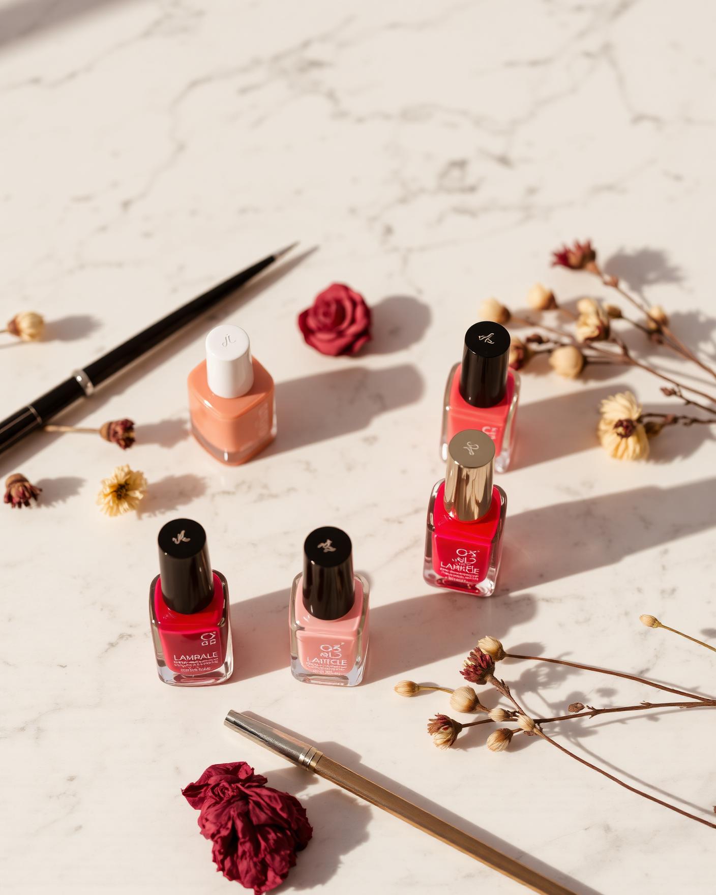 Flacons de vernis et outils de manucure sur un plan clair